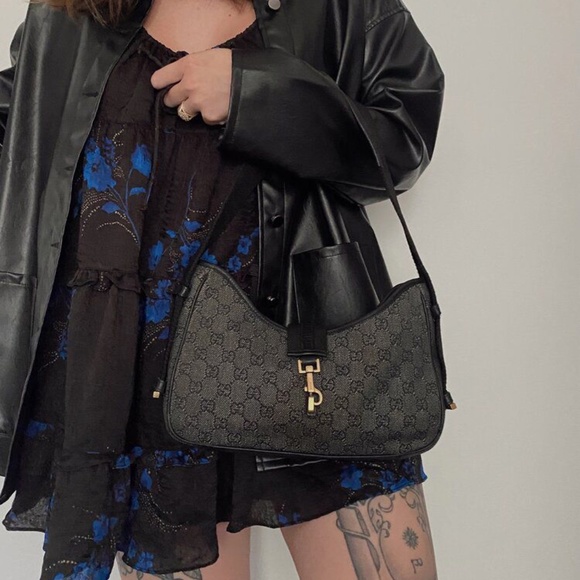 Authentic GUCCI DENIMJACKIE SHOULDER BAG BLACK/DARK GREY - Picture 3 of 12